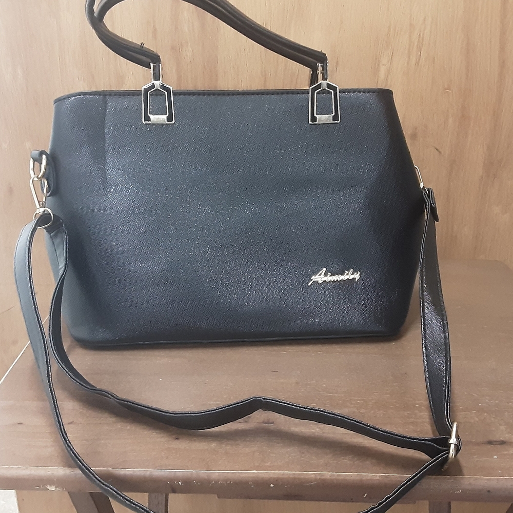 Classy Designer Look Alike Black Purse W/Double Handles, Cross Strap